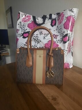 Michael Kors Brown Signature Tote with Tan and Cream Stripe
